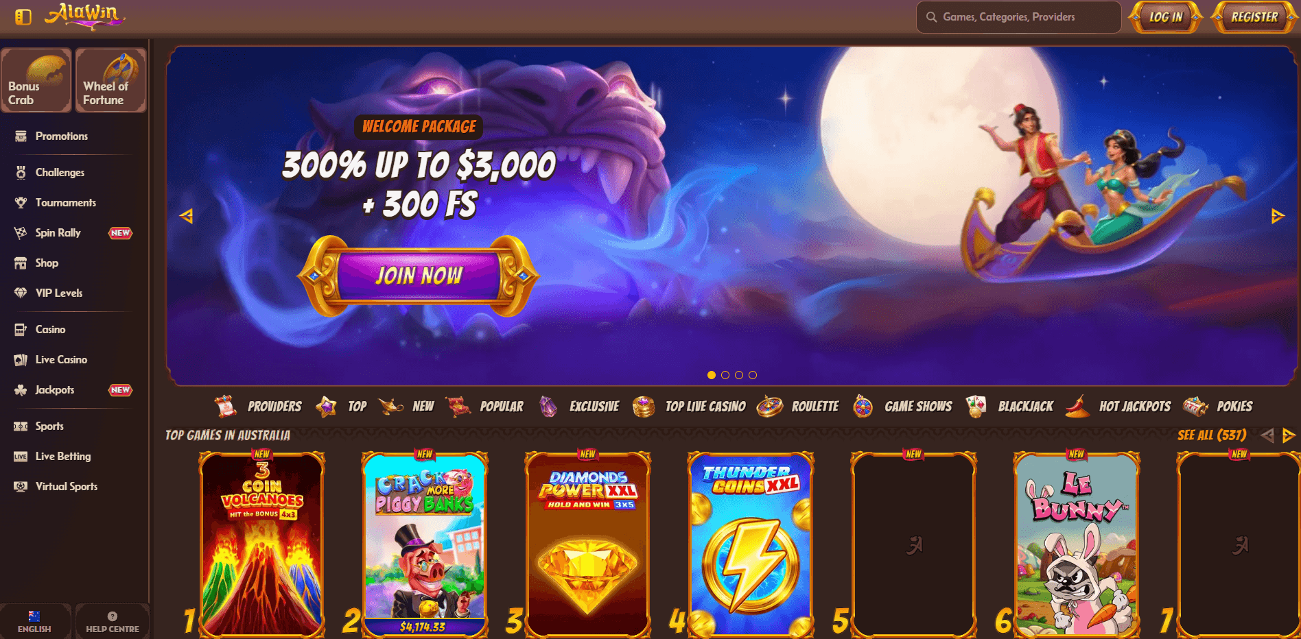 Alawin Casino main page